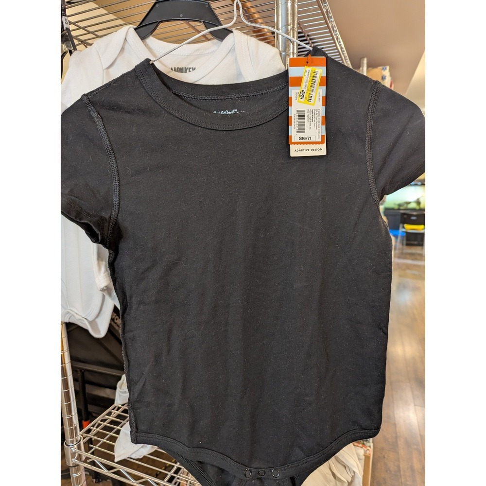 Cat & Jack Kids Small 6/7 Adaptive Short Sleeve Bodysuit‎ Black Diaper Shirt NWT